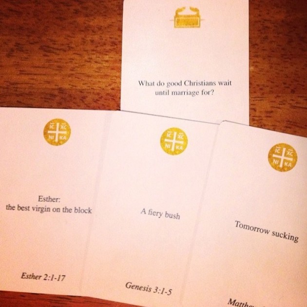 Like Cards Against Humanity, players try to match the "Creed card" with a chosen "Canon card" from their hand. All of the canon cards include biblical references.