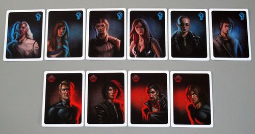 The role cards in resistance: blue is the resistance; red are spies. Role cards can help to hammer in the play-acting component of social deduction games.